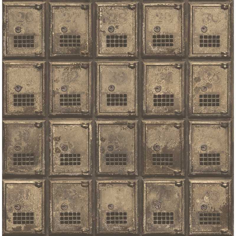 Vintage P.O. Boxes Brass Distressed Metal Wallpaper Per Bolt