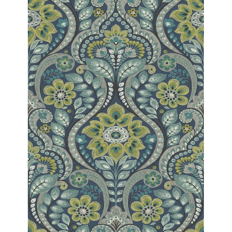 2763-12101 Night Bloom Navy Damask Wallpaper Per Bolt